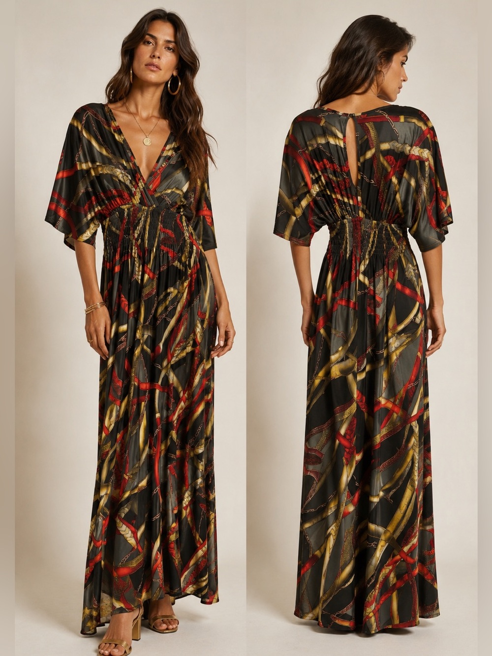 Magic Floral Gold Gray 70’s, Luxury, Flowy Dolman Sleeves Boho Maxi Dress X-Larg